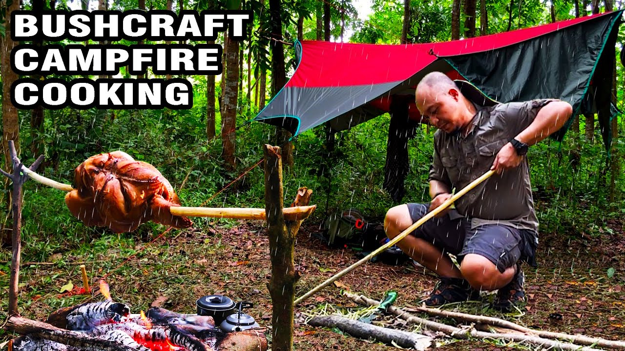 Overnight Bushcraft Camp | Campfire Cooking Whole Chicken | Hammock Tarp Shelter | Kamp Maria | ASMR