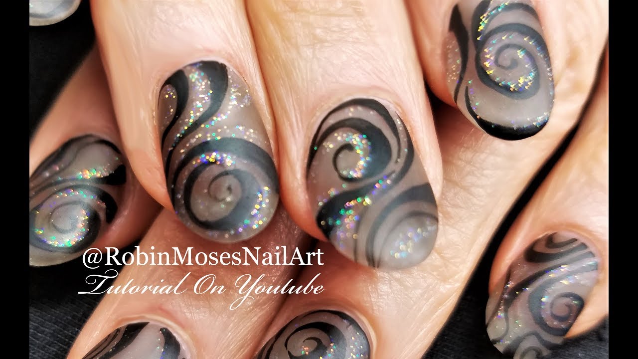 Matte Black Swirl Nails | Elegant Holo Hand painted Nail Art Design Tutorial