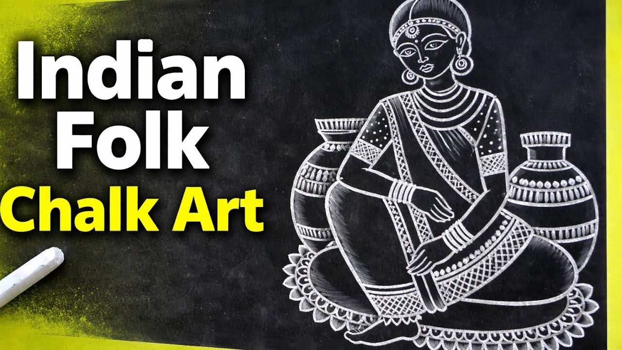Traditional Village Woman Chalk Art on Blackboard | Indian Folk Drawing Step by Step