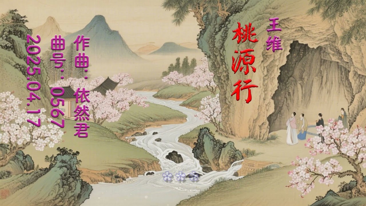 王维《桃源行》，讲述渔人误入世外桃源的故事。诗中描绘了桃花夹岸、青溪隐幽的秘境，居民身着古衣，过着与世无争的生活。以空灵笔触渲染山水之美，既抒写对理想世界的向往，又暗含仙境难觅的怅惘。