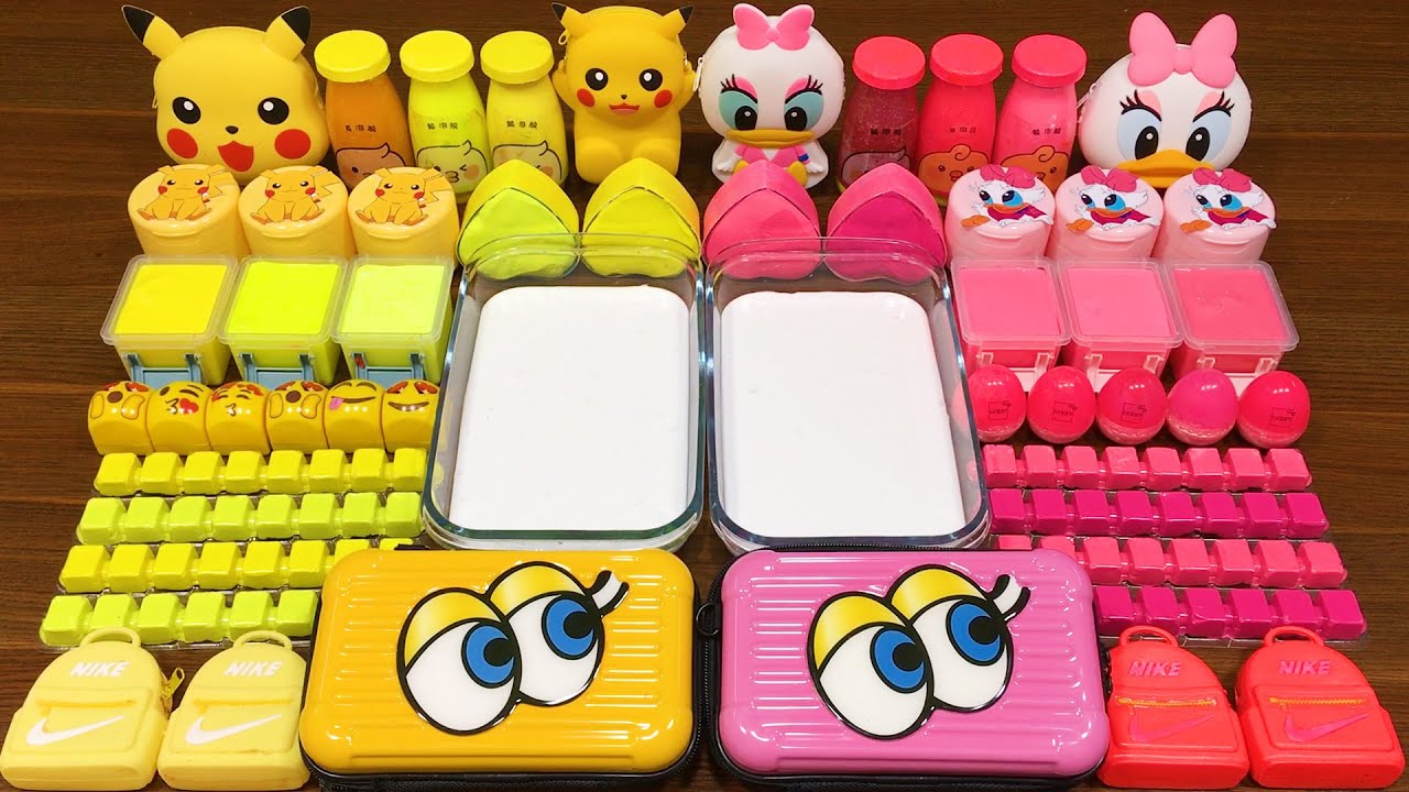 YELLOW PIKACHU vs PINK DONAL!!! Mixing random into GLOSSY Slime !!!Satisfying Slime Video 