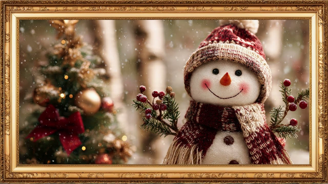 Christmas Wonder: Happy Snowman Gold Frame Art Screensaver | 20 Beautiful 4K Images for Your TV