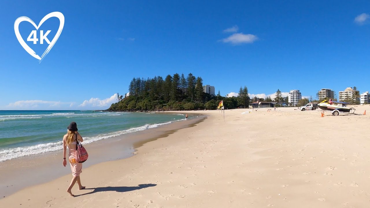 4K Beach Walk - Kirra Beach to Rainbow Bay Gold Coast - Natural Sounds - Treadmill Background