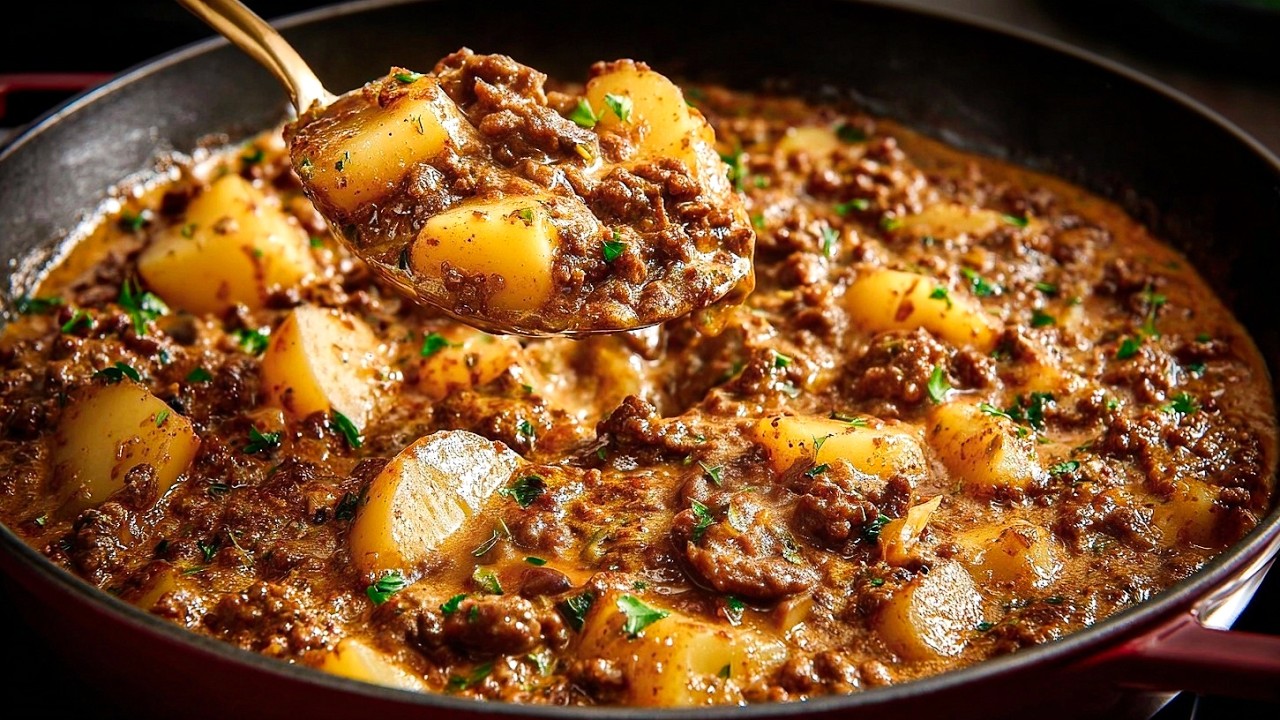 When I don't feel like cooking, my husband makes this! Easy one pan ground beef and potato dinner