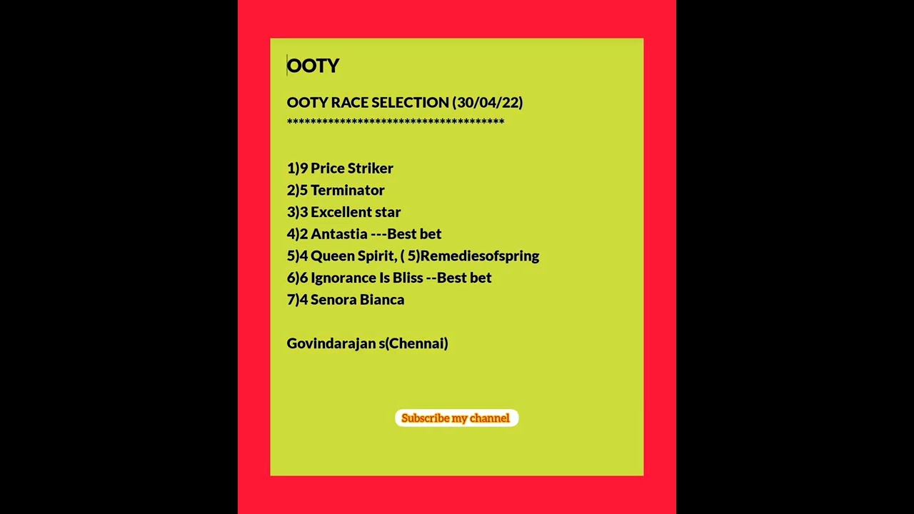 OOTY RACE SELECTION (30/04/22)@allindiaracechannel