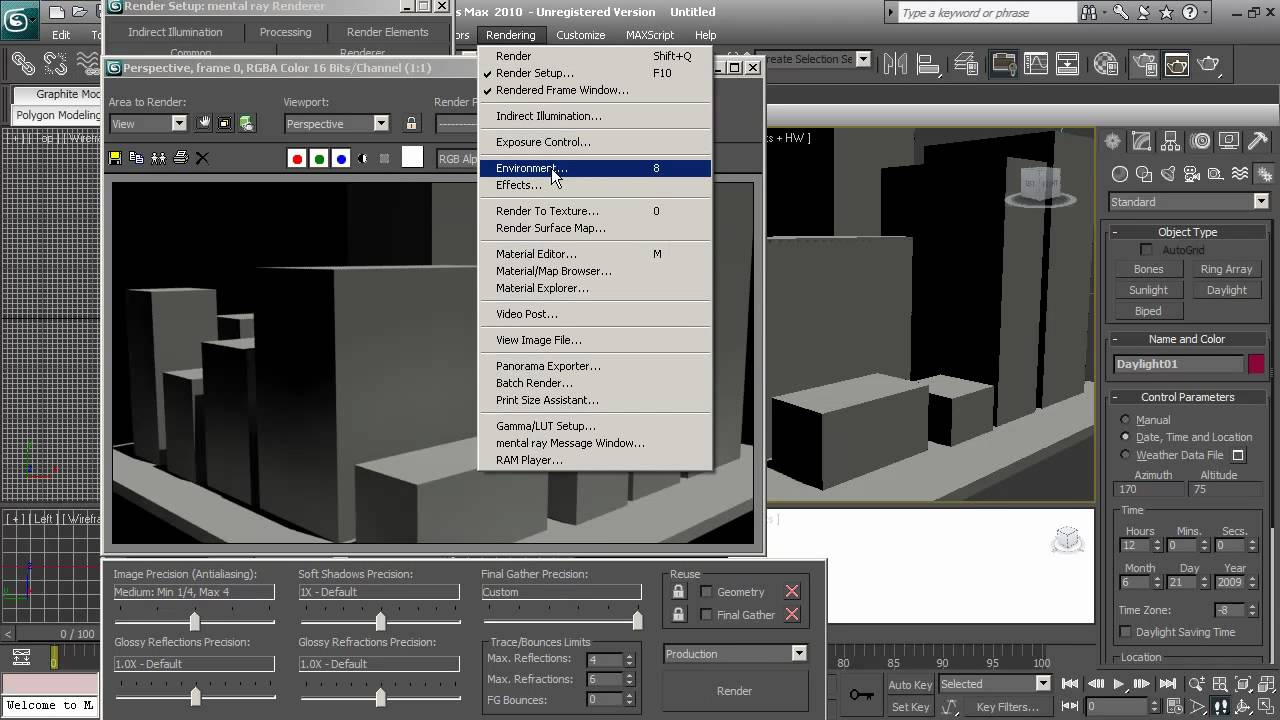 3D Studio Max 2010 Tutorial - iluminacioin , render -  Mental Ray, Daylight system 1280x720 true HD