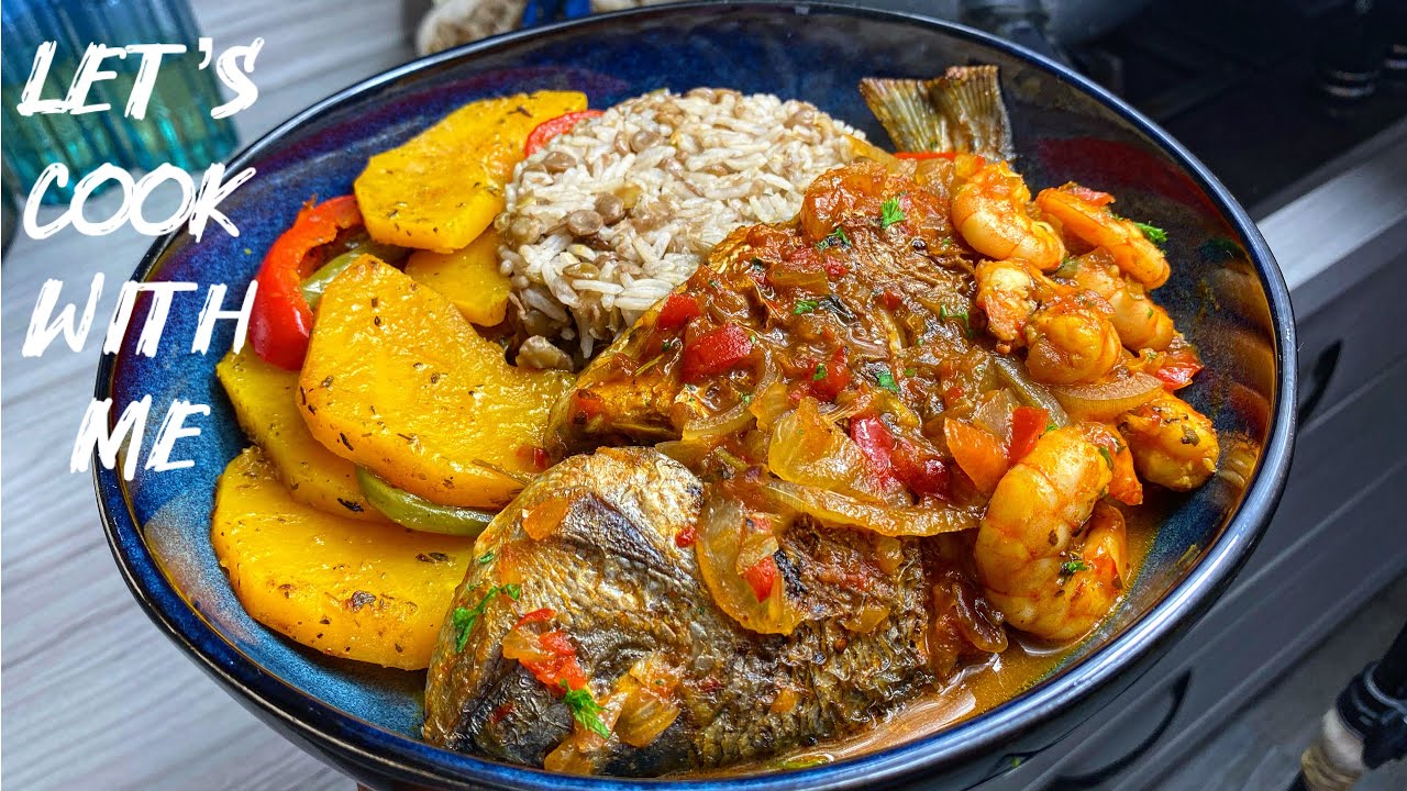 Let’s Cook With Me | Brown Stew Fish and shrimp with coconut rice and lentils and steamed vegetables