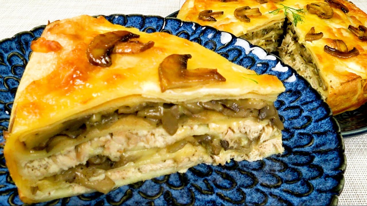 Блинный пирог с курицей, грибами и сыром. Сытная и аппетитная закуска