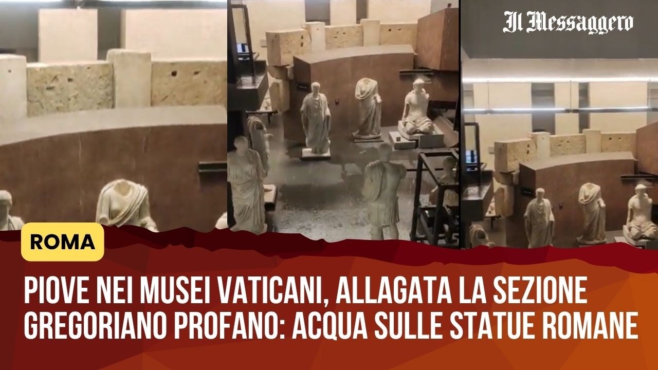 It's raining in the Vatican Museums, the Gregorian Profane section is flooded: water on Roman sta...