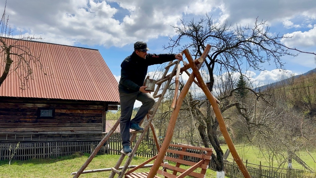 Spring style of simple life in the Carpathians alone with nature
