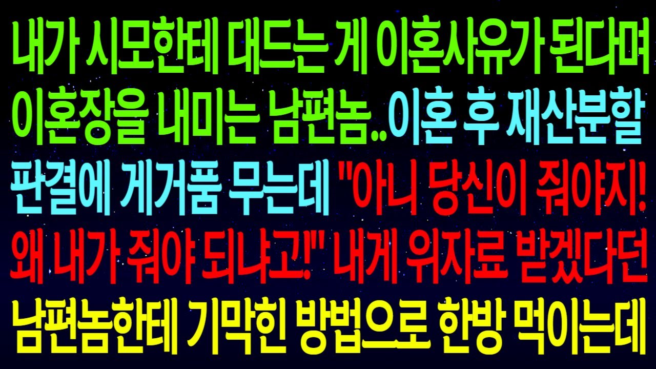 【사연열차①】내가 시모에게 대든다는 이유로 이혼하자는 남편..이혼 후 재산분할 판결에 게거품 무는데..내게 위자료 받겠다던 남편놈한테 기막힌 방법으로 한방 먹였습니다ㅋㅋ#실화사연