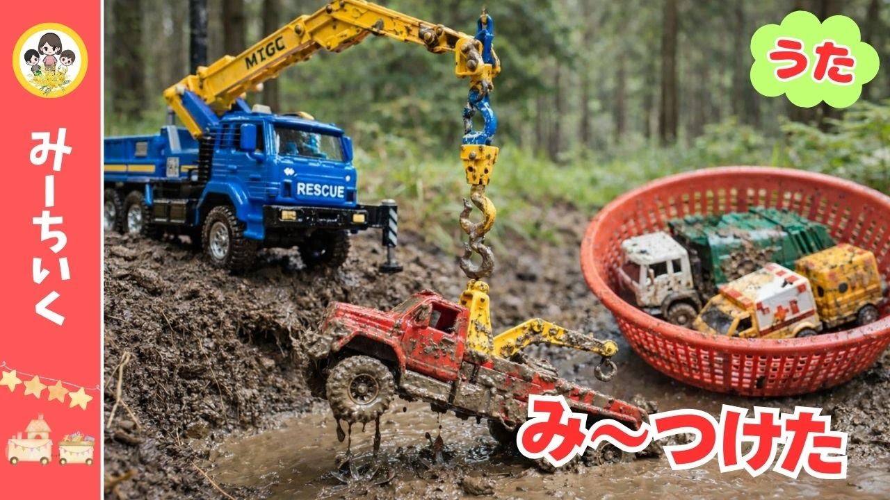【うた】レスキュー車パトロール中！水の中＆崖の下から大救出★ザルに入れて安全だよ【はたらくくるま】