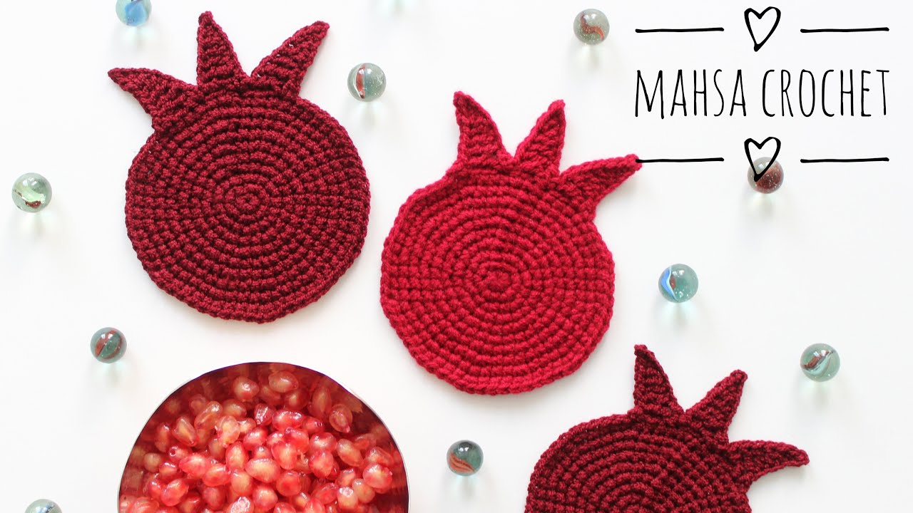 آموزش قلاب بافی-  بافت زیرلیوانی انار | Crochet Pomegranate Coaster | Mahsa Crochet