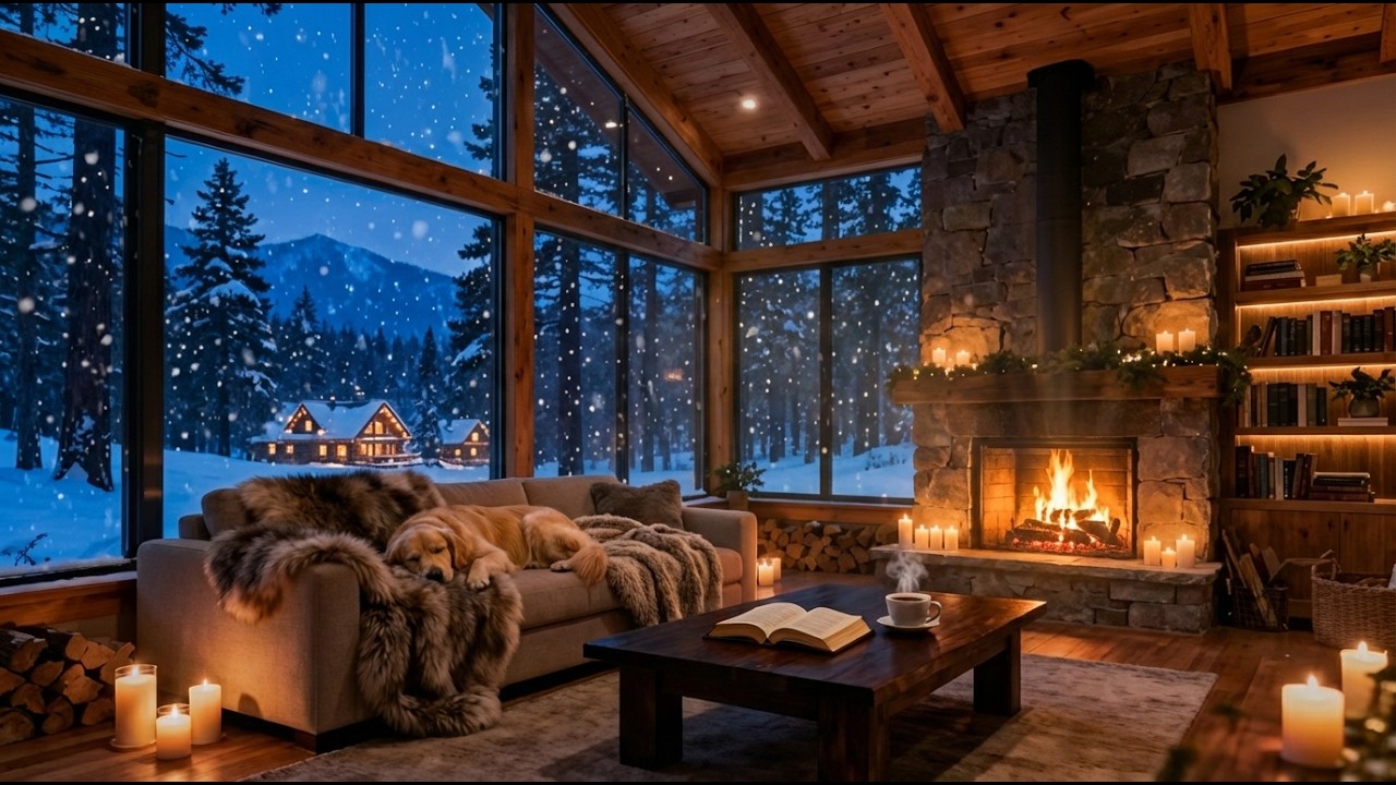 Cozy Winter Jazz Cabin (NO MID-ROLL ADS) ❄️ Fireplace Ambience for a Relaxing Night