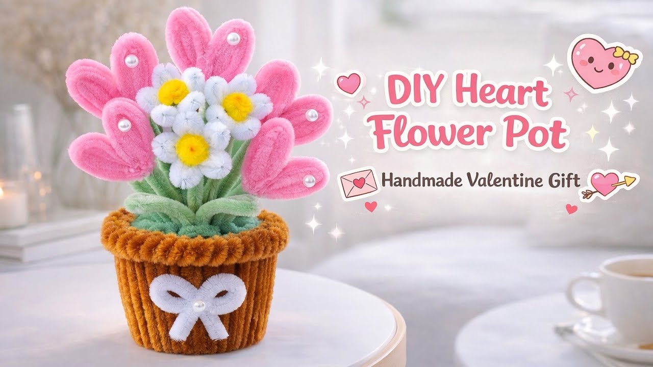 DIY Heart Flower Pot | กระถางดอกไม้หัวใจลวดกำมะหยี่ ของขวัญวาเลนไทน์ | HandmadeValentine Gift