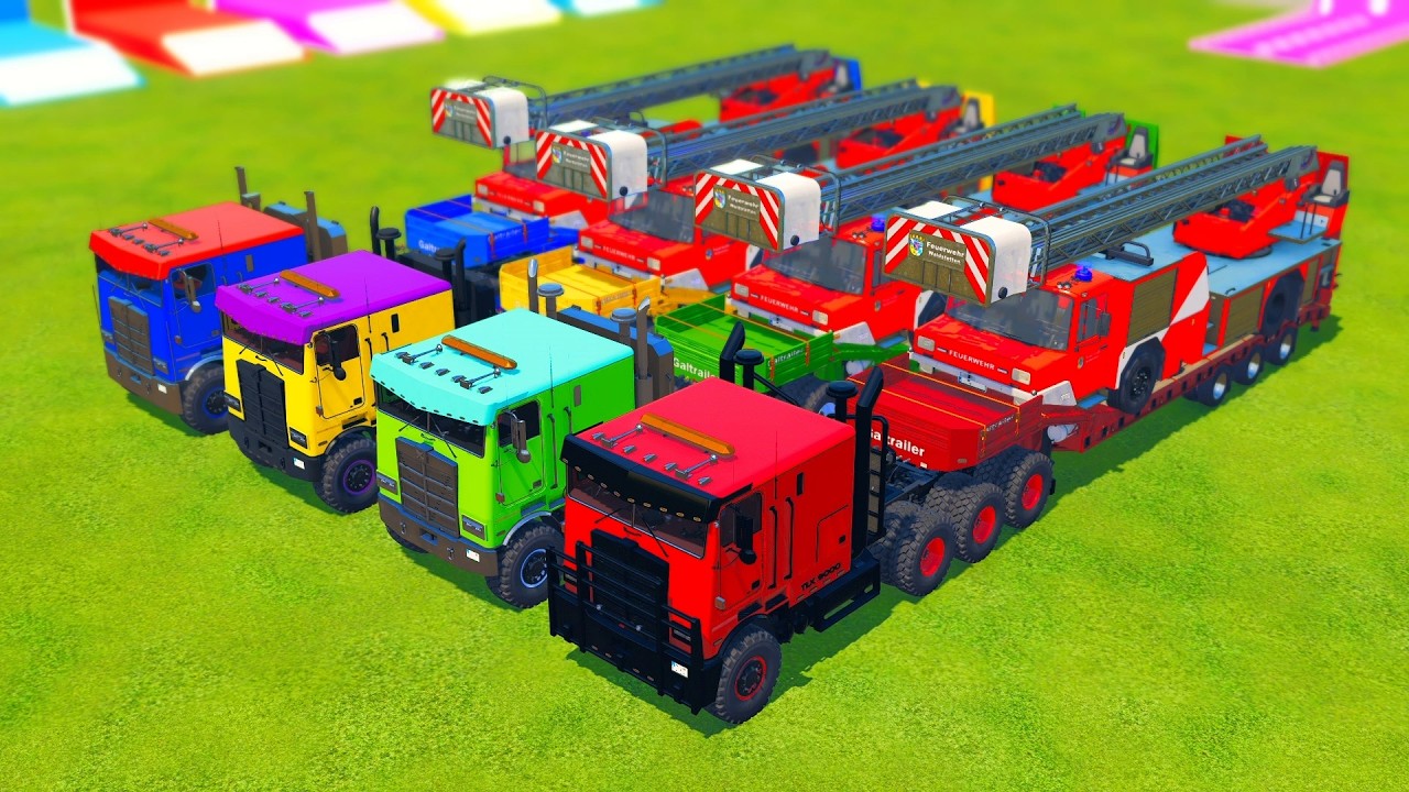COLORFUL HEAVY TRUCKS TRANSPORTING FIRE TRUCKS THROUGH FUNNY OBSTACLES - Farming Simulator 22