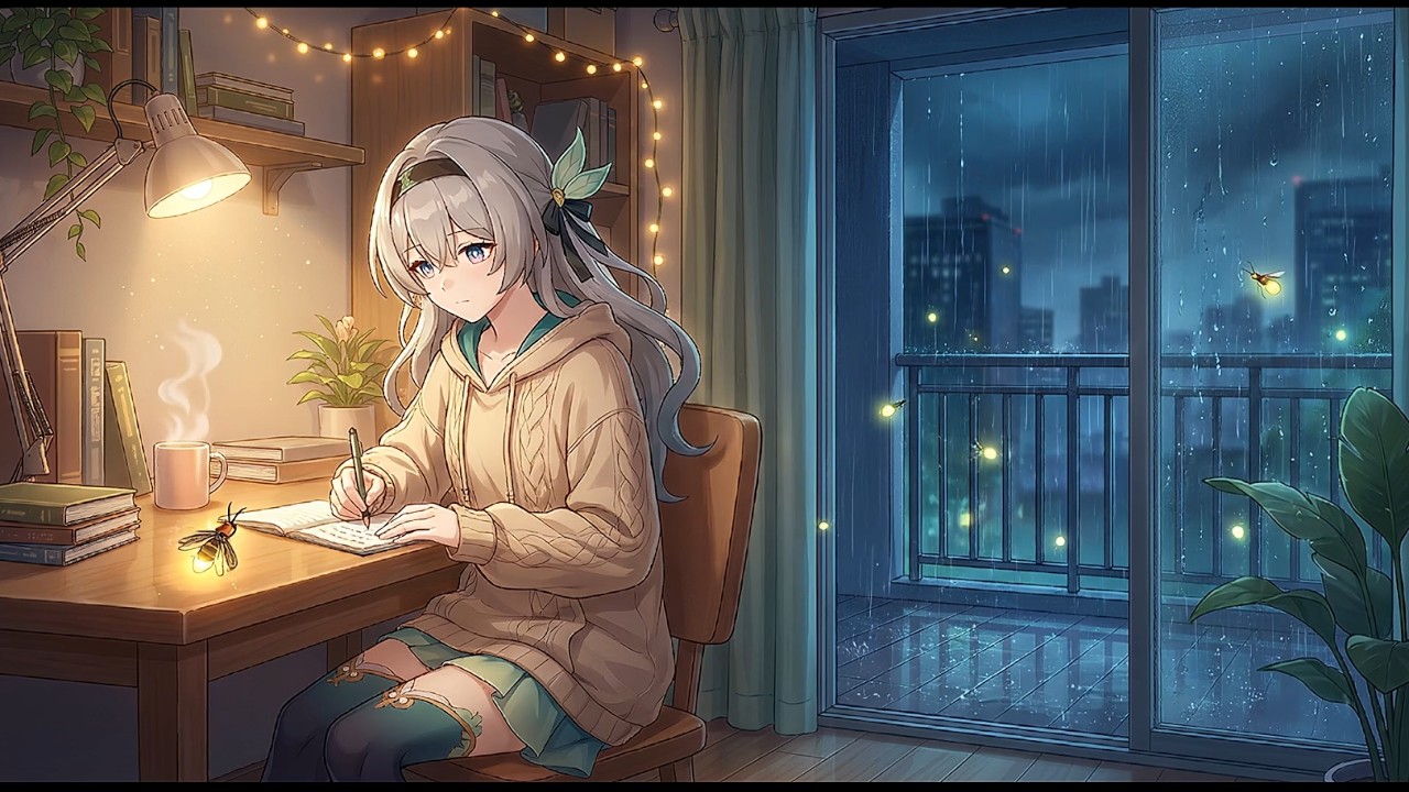 Cozy Anime Study with Firefly Lo-Fi ☕ | Rainy Balcony Focus | Calm Beats