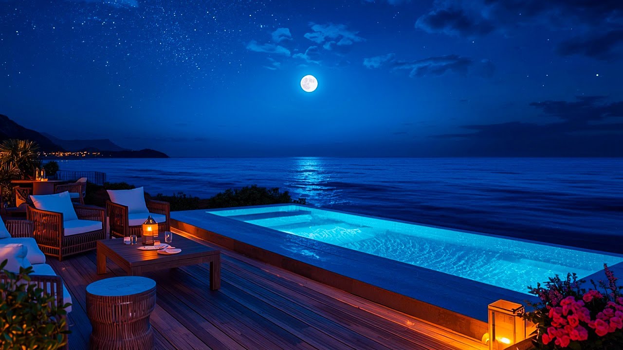 3 Hours Ambient Music with Night Ocean Waves | Deep Sleep Background Music