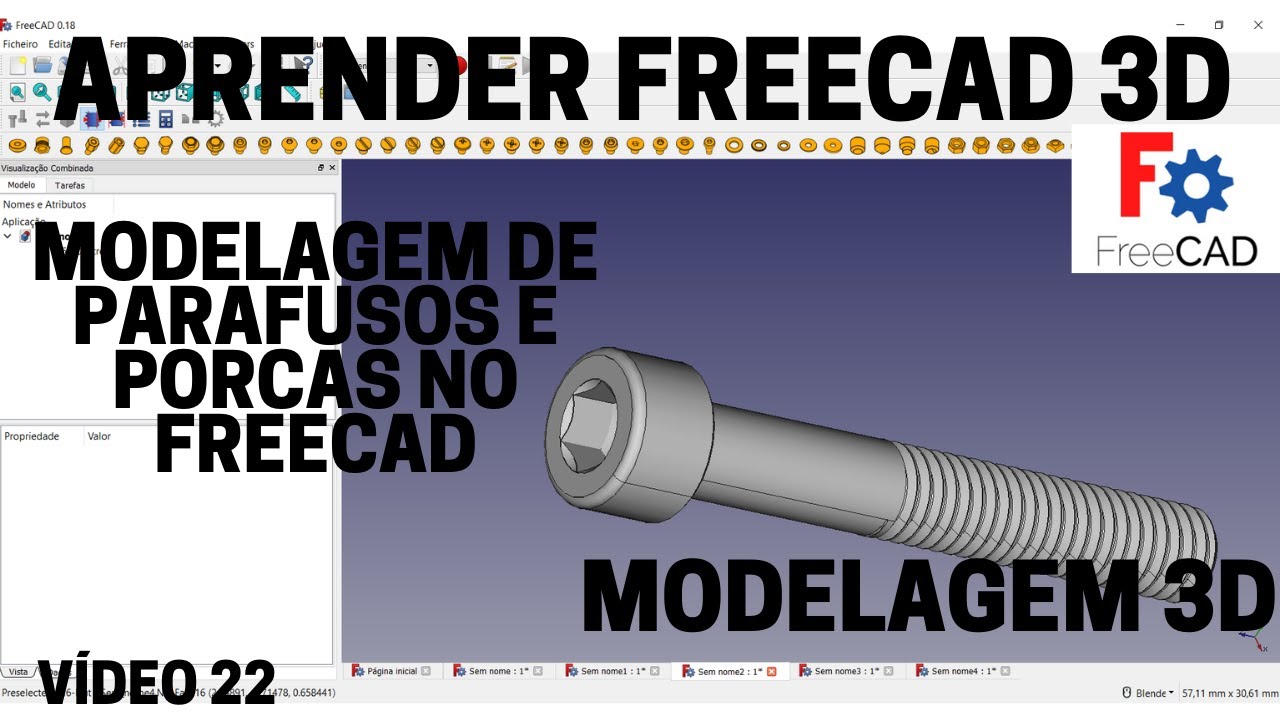 Tutorial FreeCAD Modelando parafusos e porcas no FreeCAD vídeo 22