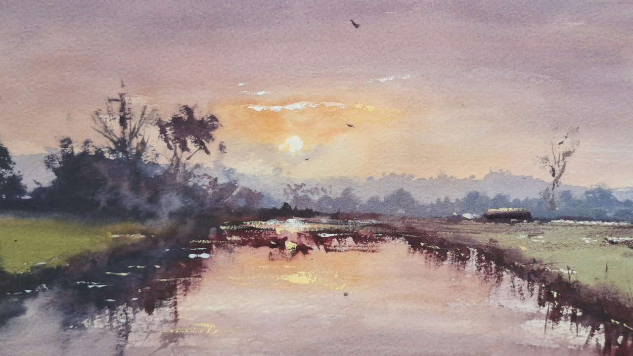 Time - Lapse Beautiful Sunset over River Watercolour Painting