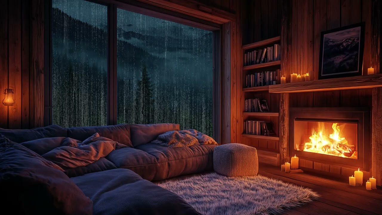 Cozy Cabin Vibes with Heavy Rain, Crackling Fireplace Relaxation - Rainy Night in Forest to Sleep