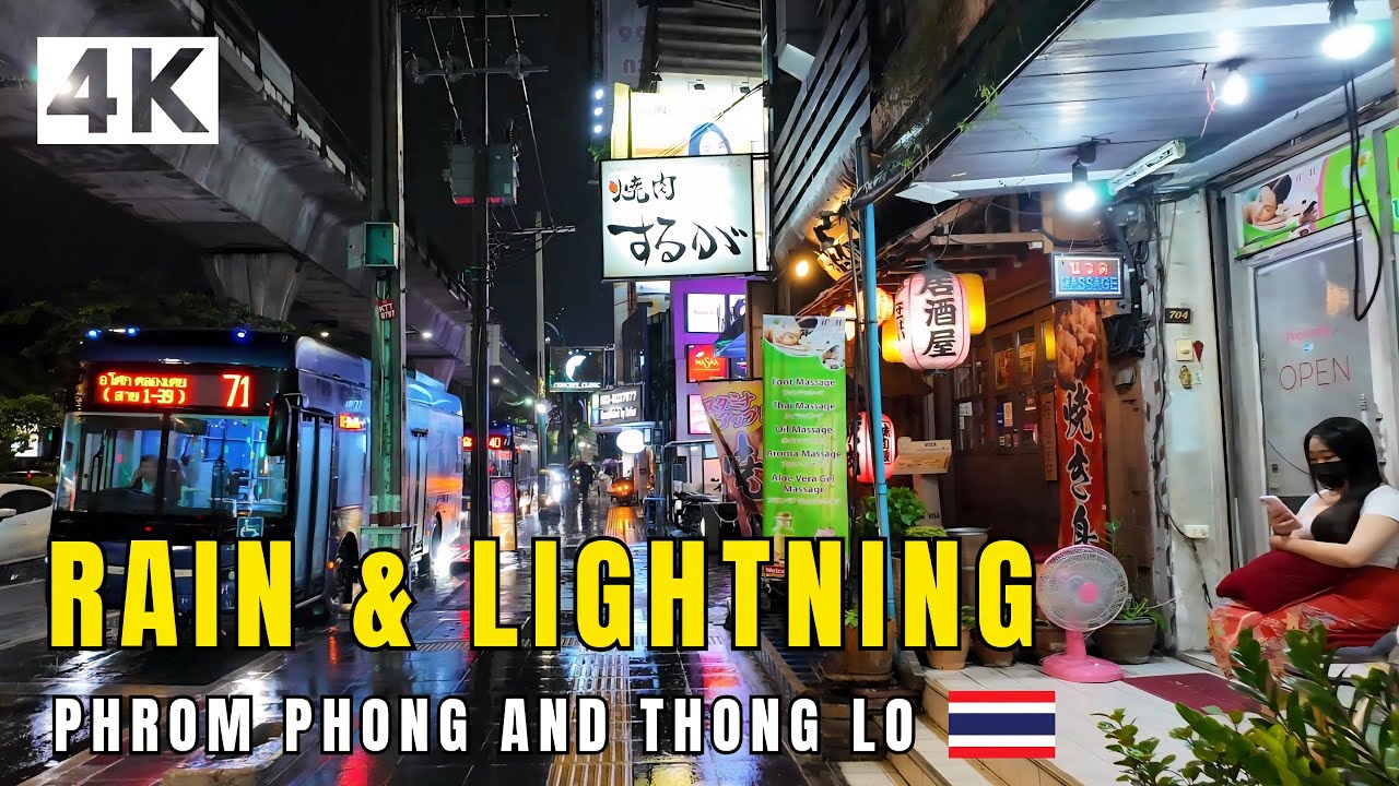 [4K] Heavy Rain and Lightning in Bangkok 🇹🇭 Walking Tour (ASMR Rain Sounds)