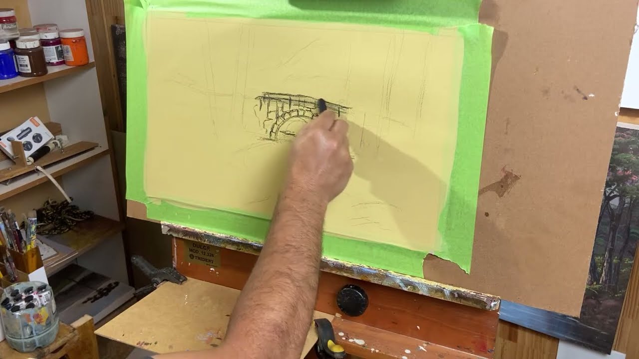 Aula de pintura paisagem com ponte acrílico