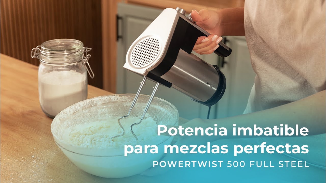 Batidora de varillas PowerTwist 500 Full Steel con varilla de globo, batidoras y garfios amasadores.