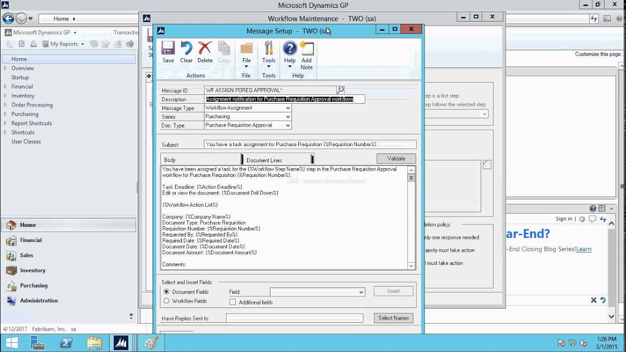 Setting up Sample Workflows in Dynamics GP