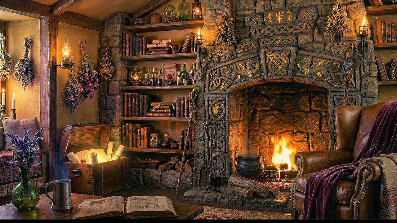 Cozy Wizard's Cottage ASMR 🧙‍♂️ Crackling Fireplace in a Magical Study | 10 Hours Fantasy Soundscape
