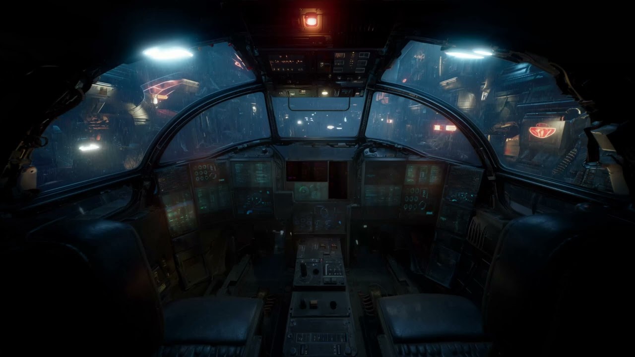 🛡️ Mech Cockpit Standby | Rainy Hangar Ambience + Radio Chatter + Engine Hum