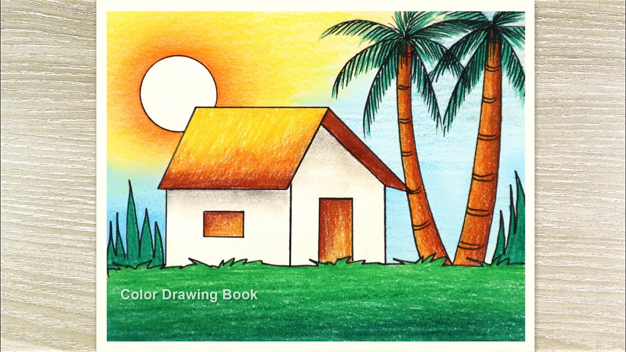 How to Draw a Scenery with Colour Pencils, Sunset Drawing for Beginners