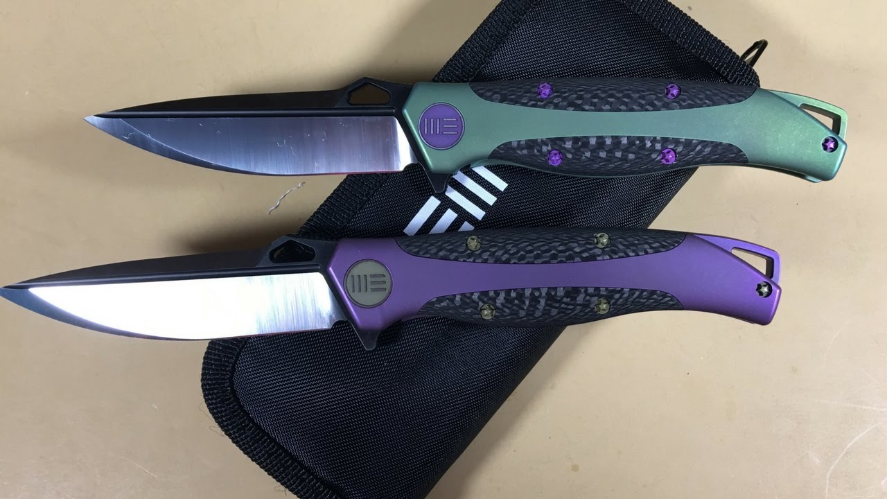 WE 606CFB and 606CFD knife purple and green knives with carbon fiber inserts framelock flippers