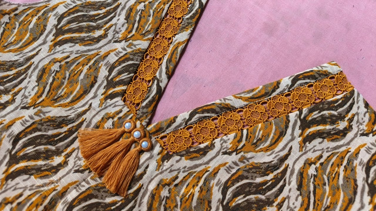 V neck design with joint lace cutting and stitching||neck design with joint lace cutting stitching