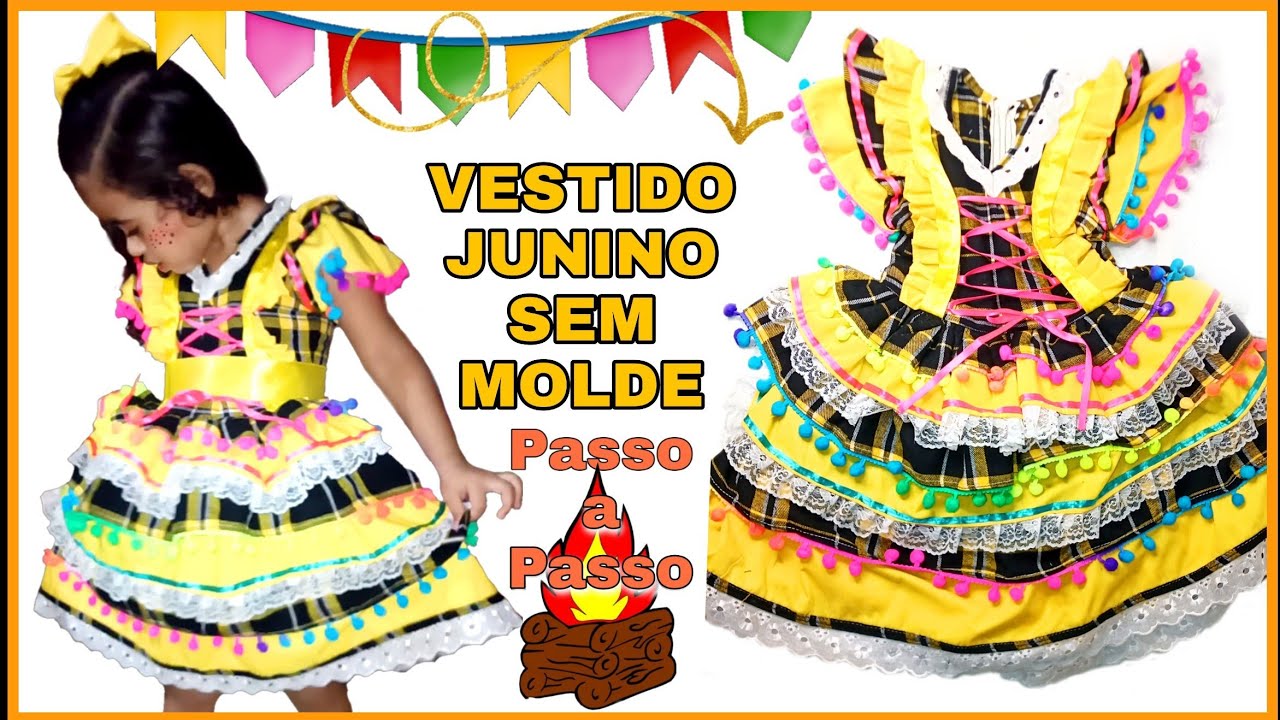 COMO FAZER VESTIDO DE QUADRILHA INFANTIL COM BABADO, vestido junino passo a passo SEM USAR MOLDE.