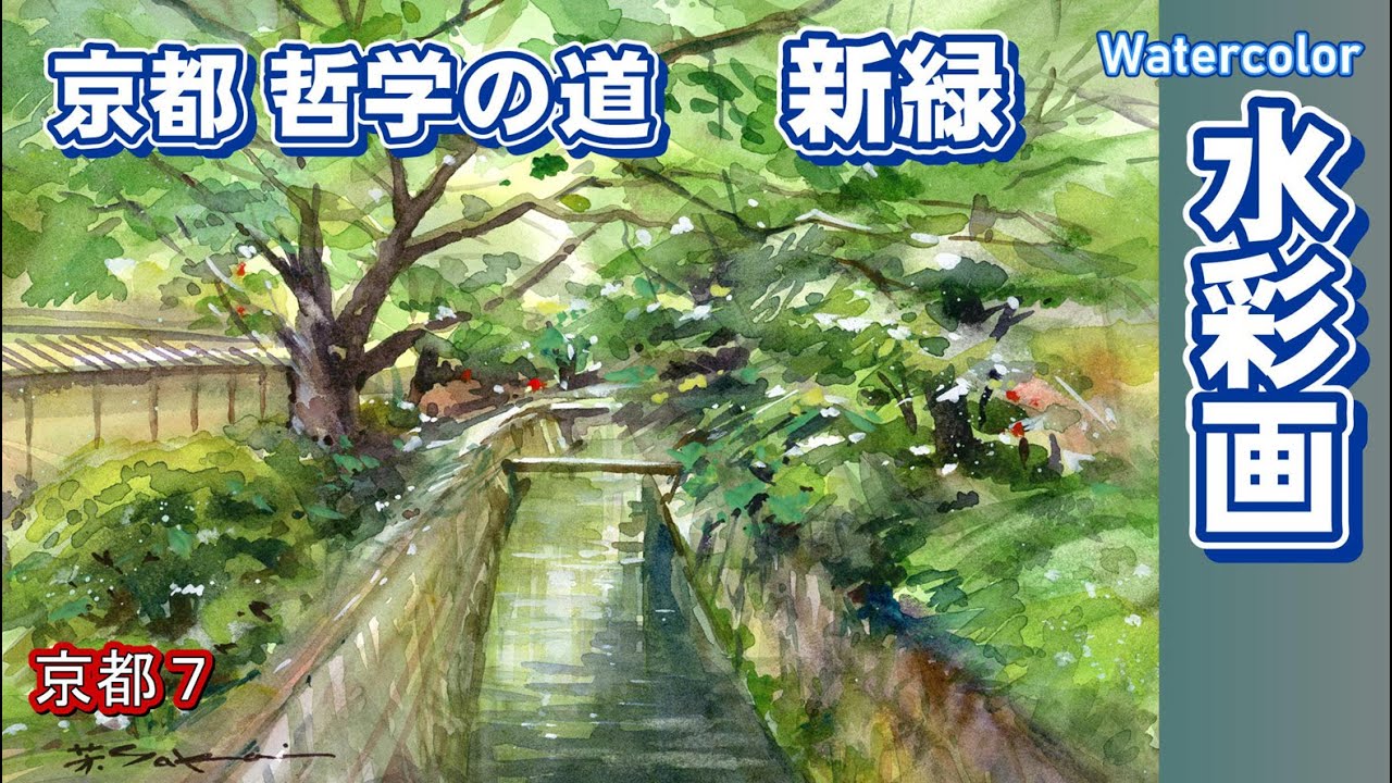 新緑の京都、哲学の道を描く　水彩画　酒井芳元　Kyoto Philosopher's Walk