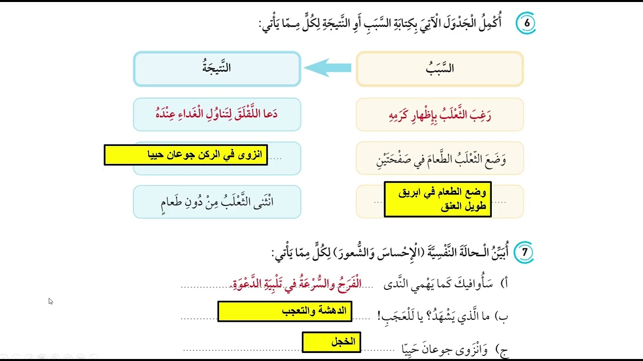 حل أسئلة درس الثعلب واللقلق /الصف الخامس /الوحدة الثامنة