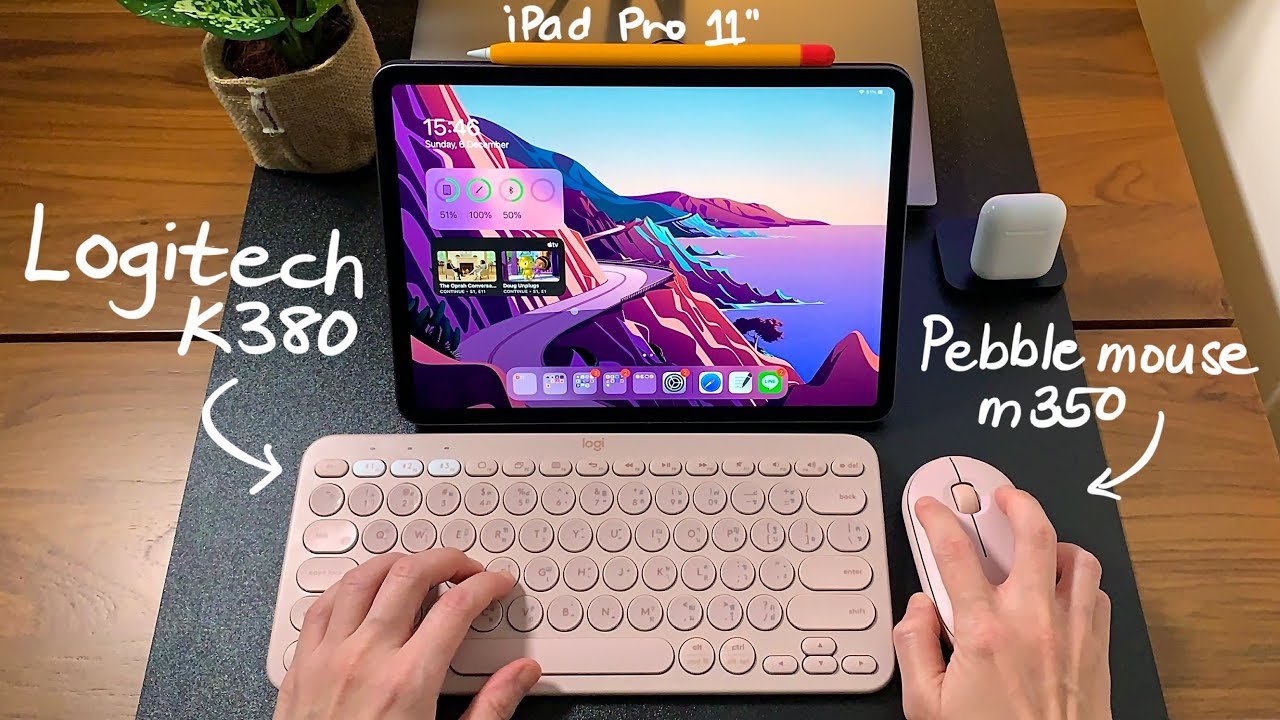 Розовая мышь Logitech K380 и M350 Pebble на iPad Pro 11”