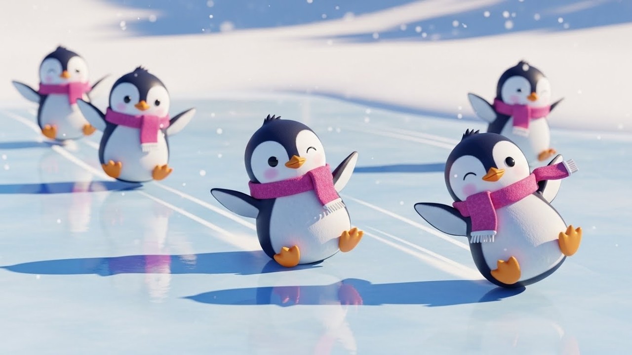 Пять маленьких пингвинов скользят вместе 🐧❄️🎿 | Мультфильм для детей и весёлые приключения