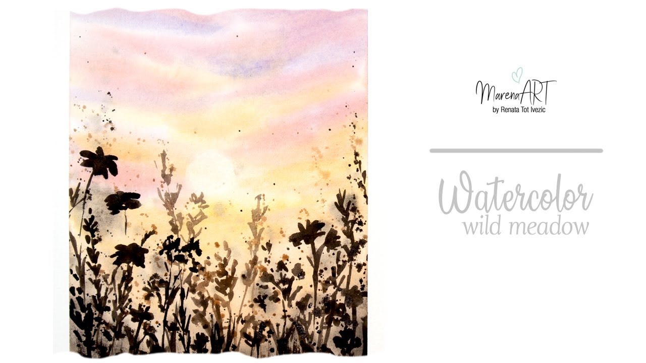 Watercolor sunset and wild flowers meadow - tutorial for beginners
