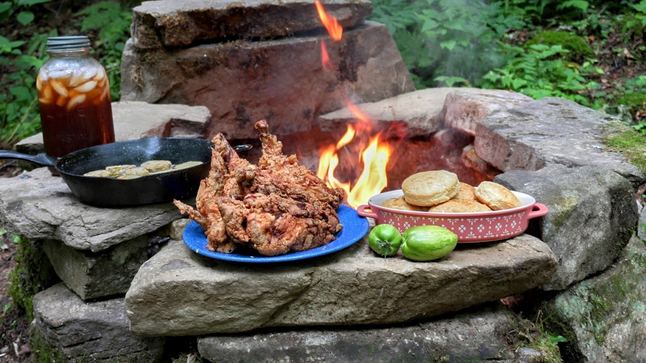 Buttermilk Fried Chicken & Biscuits, Fried Green Tomatoes on the Fire — Southern Comfort Food ASMR
