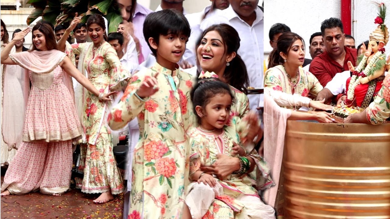 Shilpa Shetty Ganpati Visarjan 2022 Dance With Daughter Samisha Shetty & Son Viaan Kundra