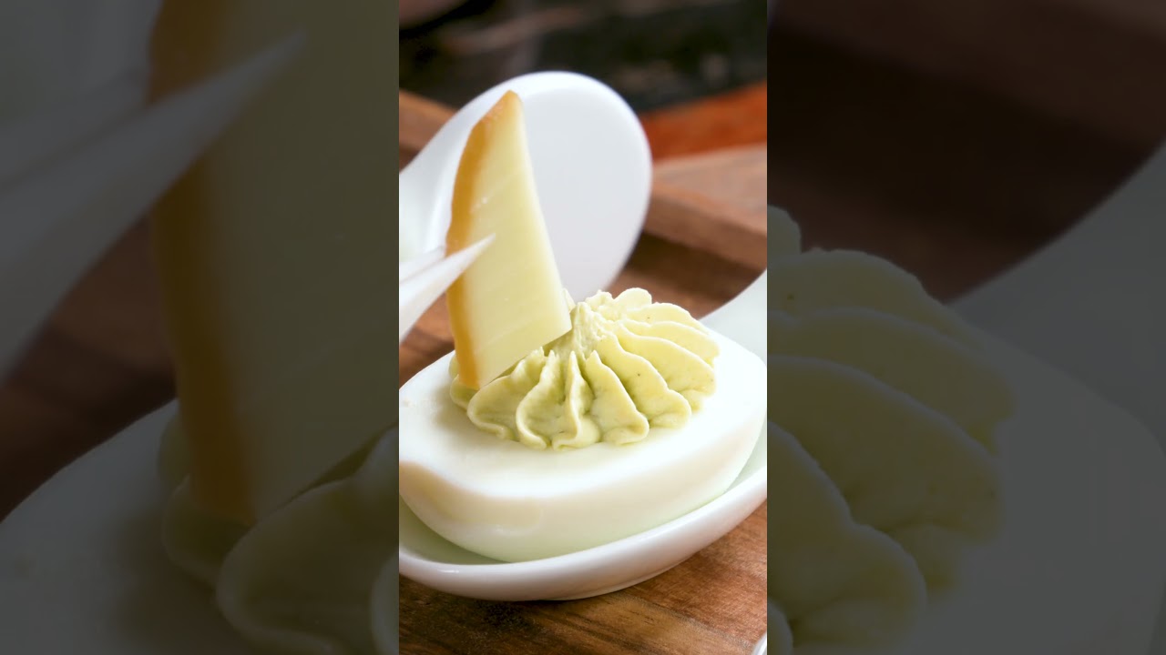 Cheese sailboats on stuffed egg #snack #tastyappetizers #food #appetizerideas #cheese  #appetizer