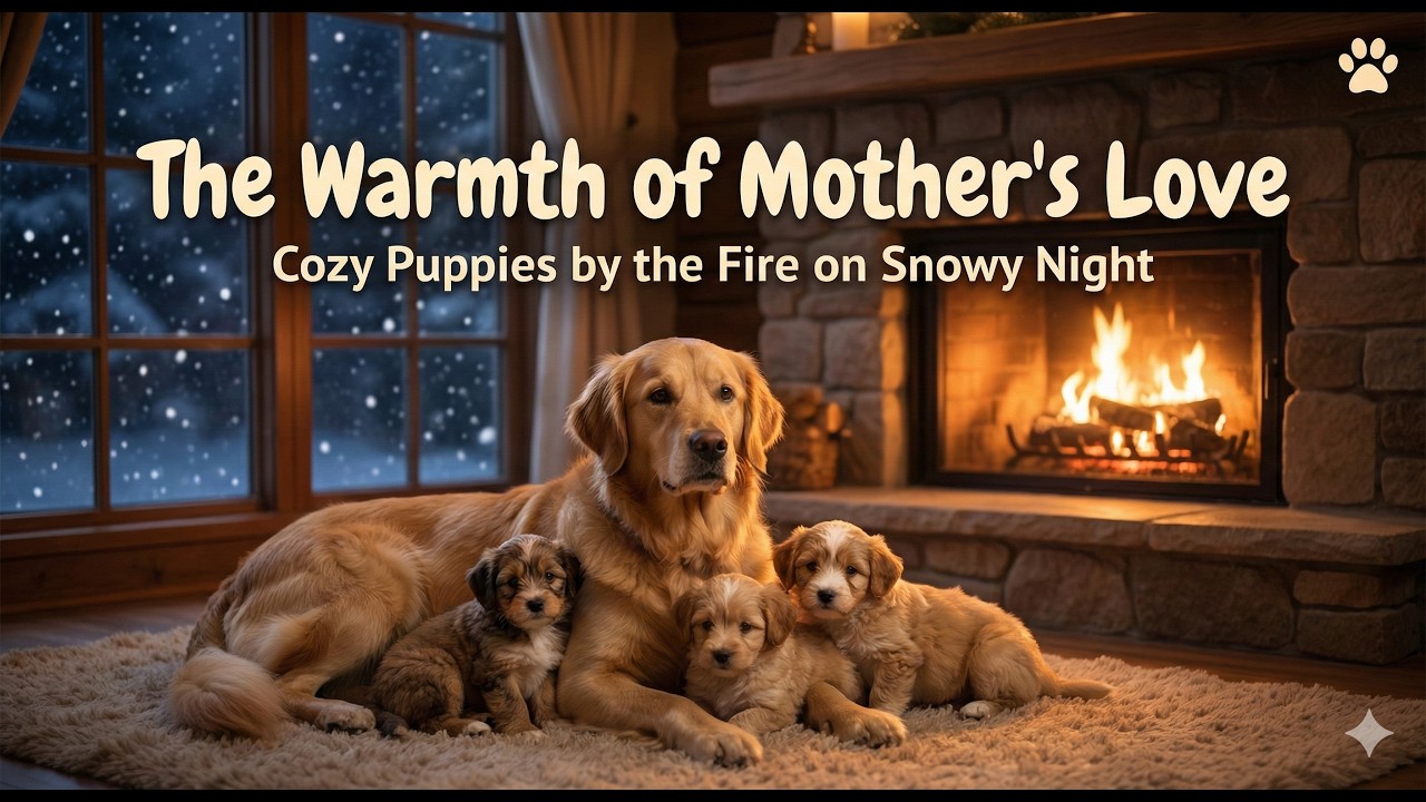 The Warmth of Mother’s Love: Cozy Puppies by the Fire on a Snowy Night