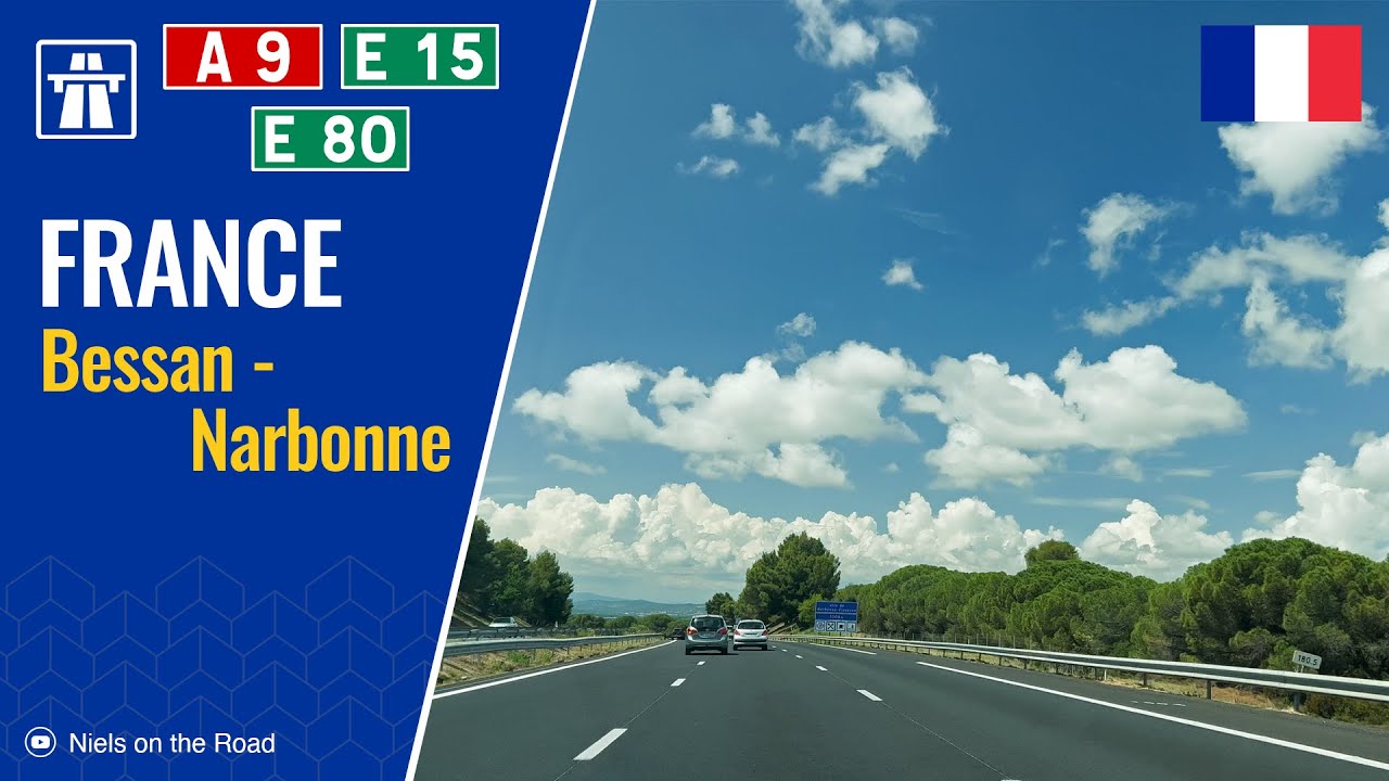 Driving in France: Autoroute A9 E15 E80 from Bessan to Narbonne