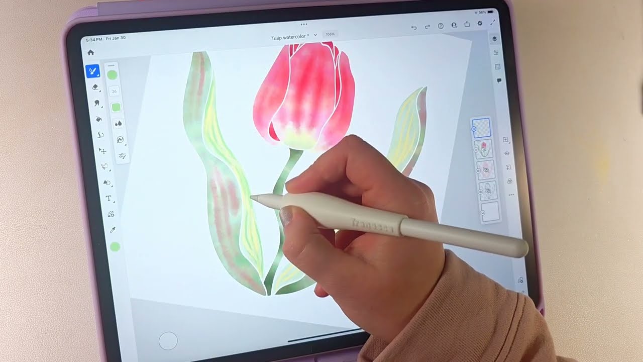 25 min of iPad Drawing, No Talking | draw & study with me | Adobe Fresco Digital Watercolor Tulip