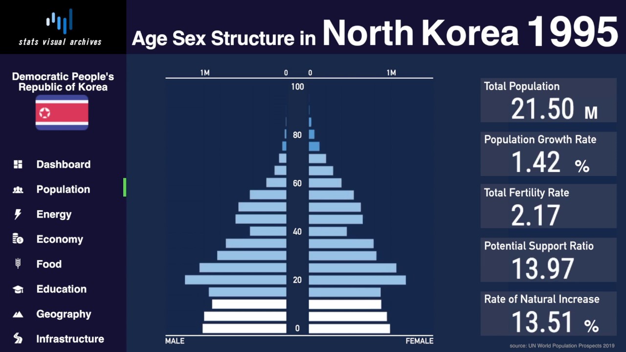 Severnaya Koreya - izmeneniye piramidy naseleniya i demografiya (1950-2100)