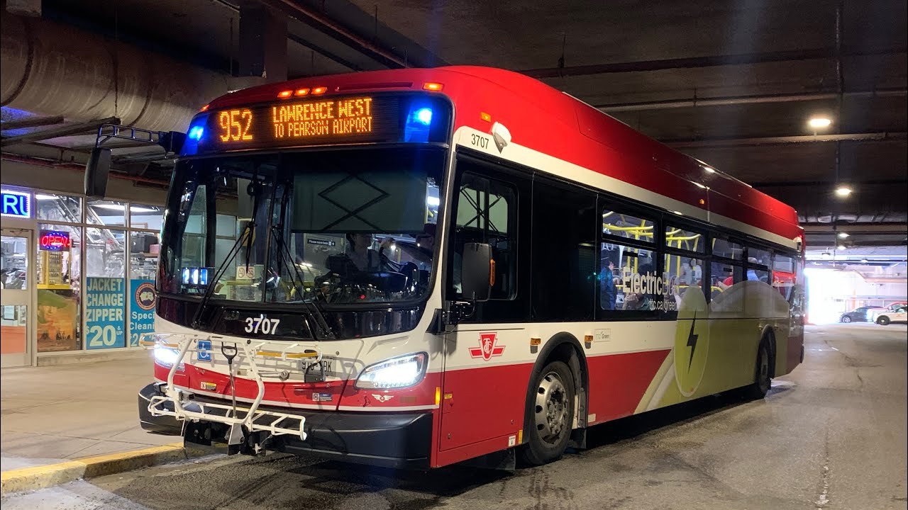 TTC Westbound Ride Video on 3707 on route 952 Lawrence West Express to Terminal 1 Pearson Airport
