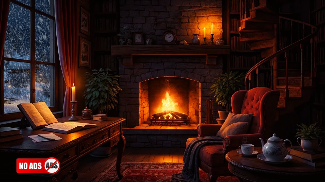 Friedliches kleines Haus in der Winternacht – Wärme am Kamin ❄️ Knisterndes Feuer und Schneesturm