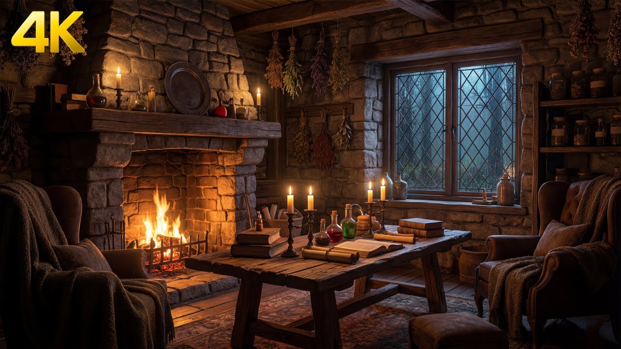 🔥 Cozy Fireplace & Rain Sounds | Relaxing Medieval Room Ambience | 1 Hour for Sleep & Relax